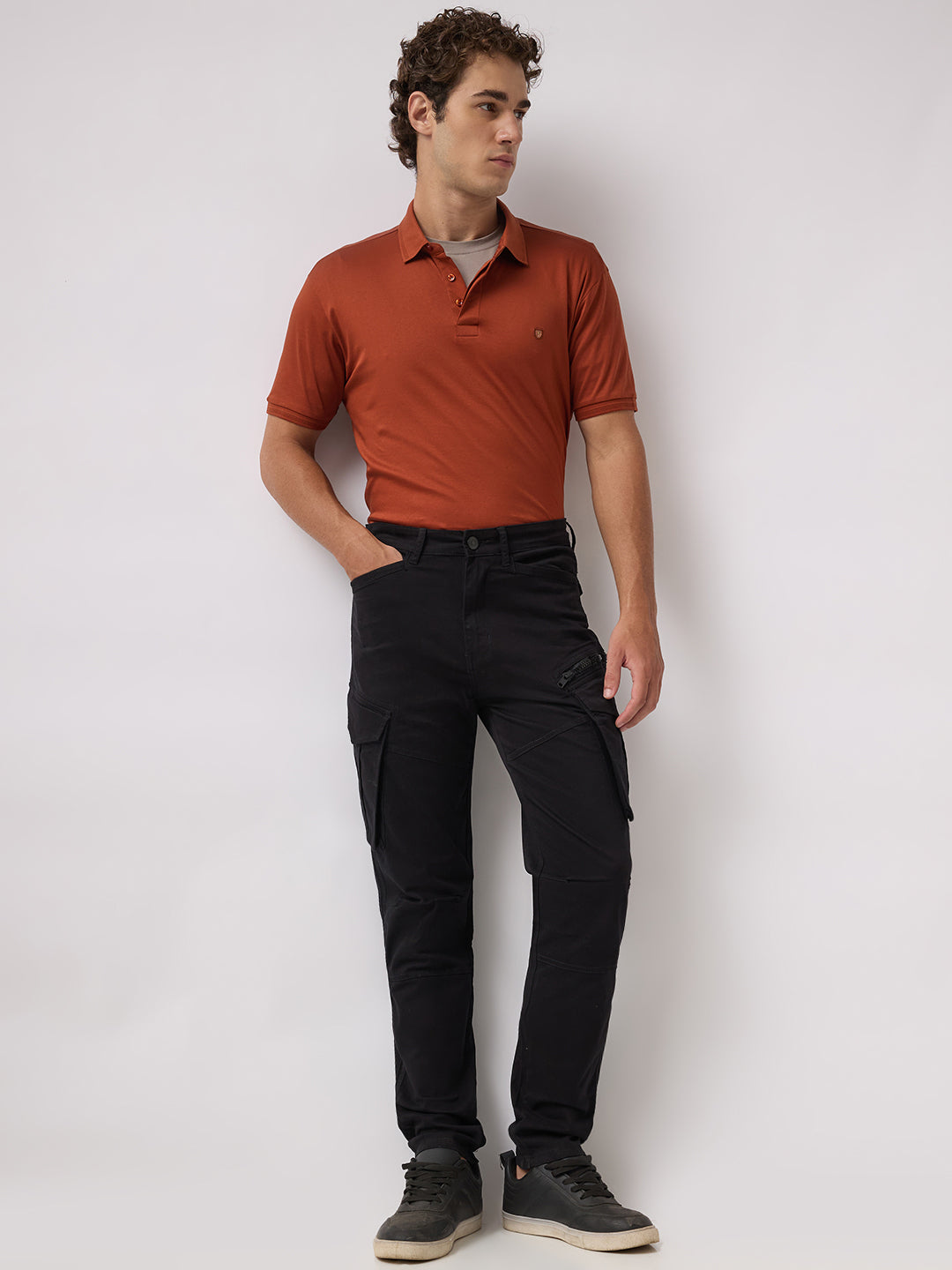 Men's Solid Cotton Stretch Regular Fit Casual Trousers - Black