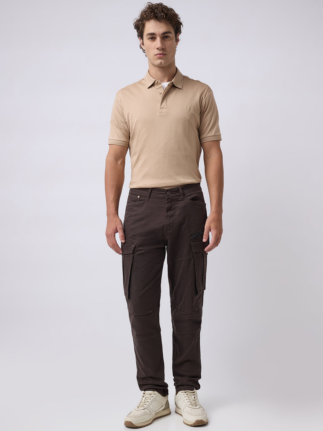 Men's Solid Cotton Stretch Regular Fit Casual Trousers - Brown