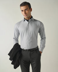 Men's Pure Cotton Dobby Stripes Slim Fit Full Sleeve Formal Shirt - Grey