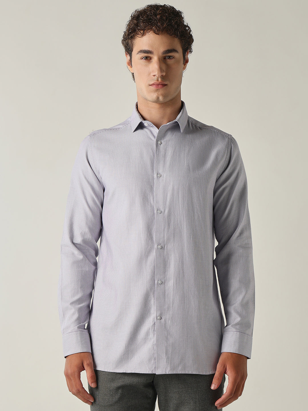Men's Pure Cotton Dobby Stripes Slim Fit Full Sleeve Formal Shirt - Purple