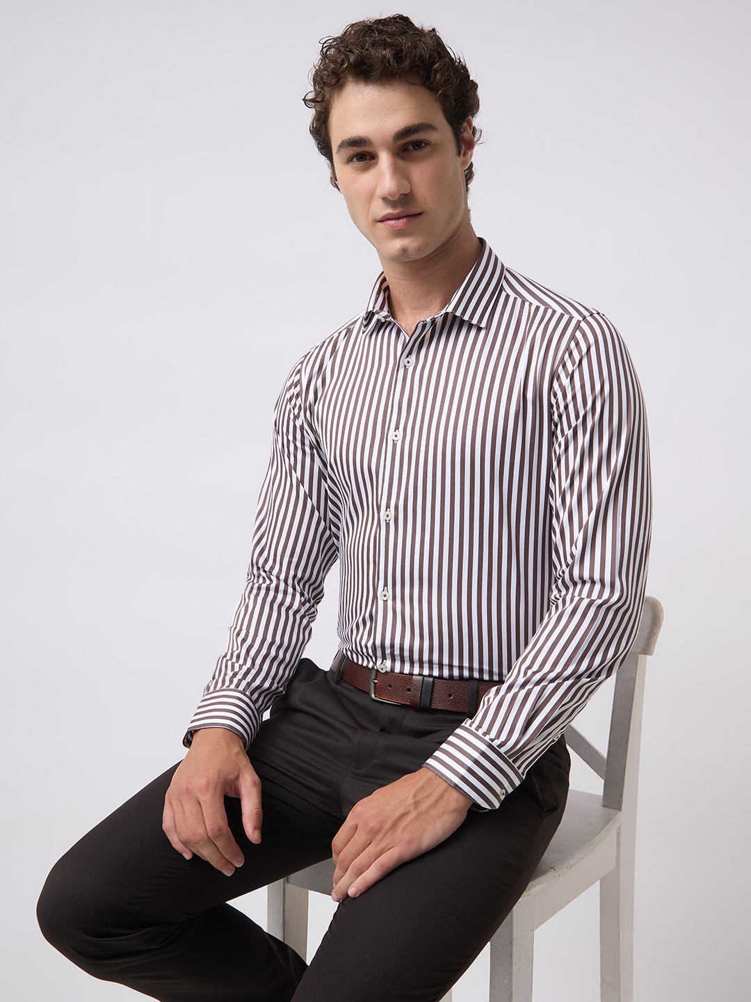 Men's Pure Cotton Satin Stripes Slim Fit Full Sleeve Formal Shirt - Brown