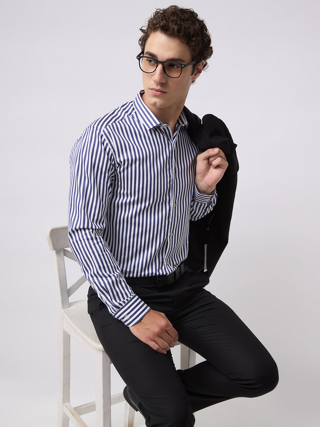 Men's Pure Cotton Stripes Slim Fit Full Sleeve Formal Shirt - Navy