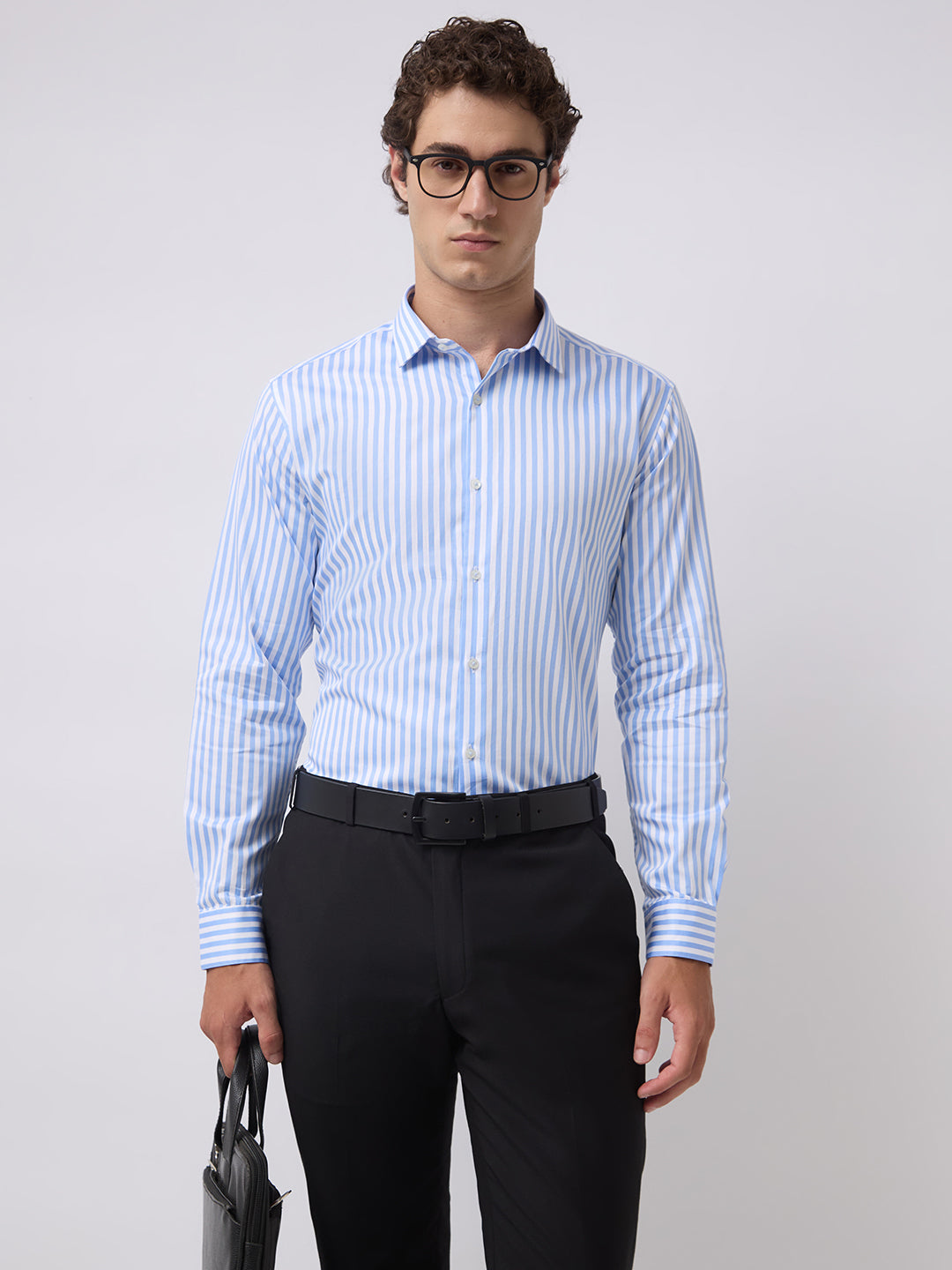 Men's Pure Cotton Stripes Slim Fit Full Sleeve Formal Shirt - Sky Blue