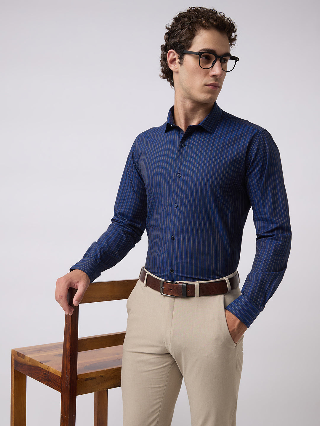 Men's Pure Cotton Stripes Slim Fit Full Sleeve Formal Shirt - Navy