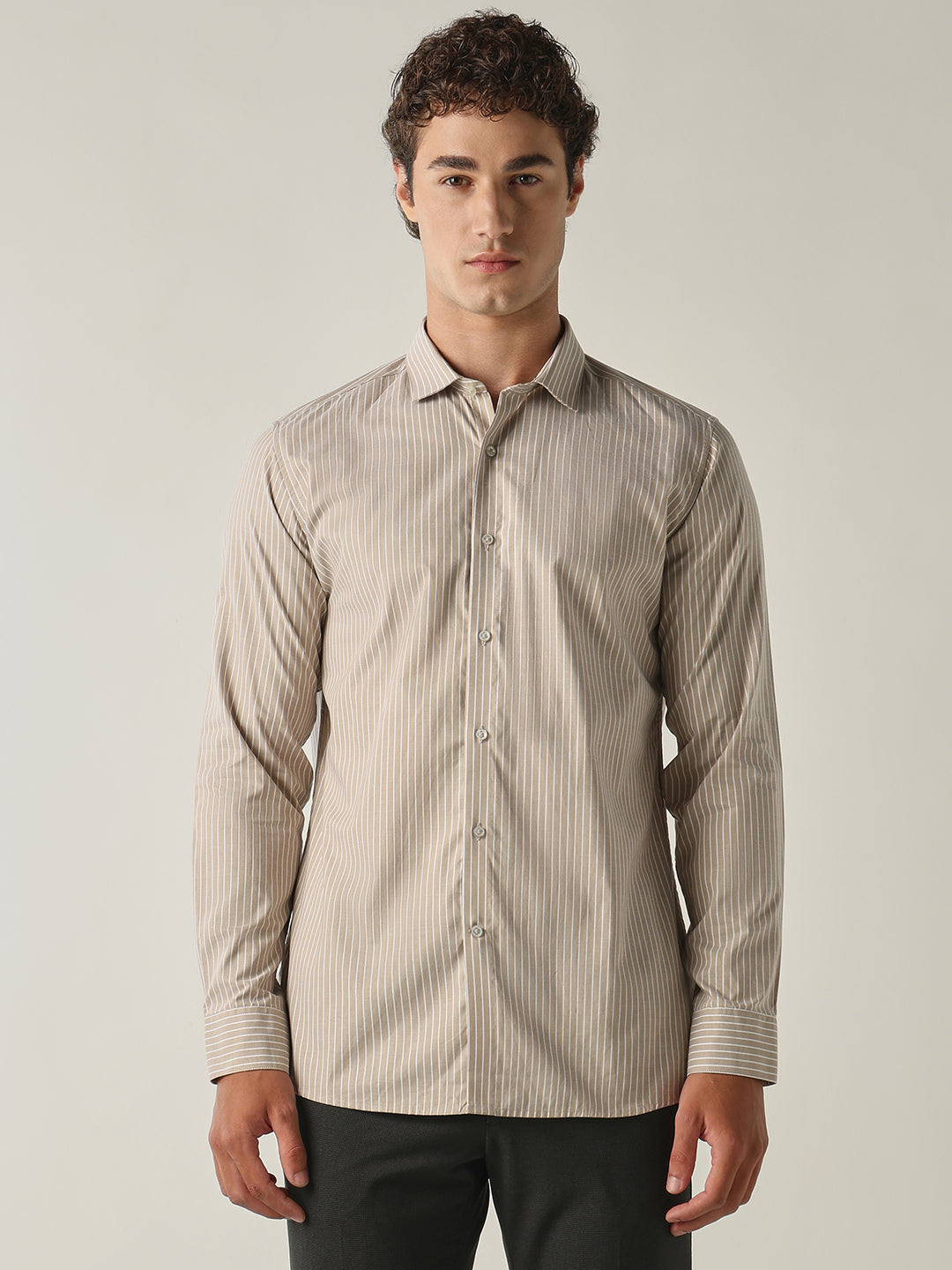 Men's Pure Cotton Stripes Slim Fit Full Sleeve Formal Shirt - Beige