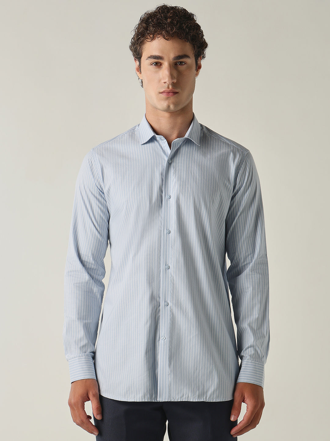 Men's Pure Cotton Stripes Slim Fit Full Sleeve Formal Shirt - Blue