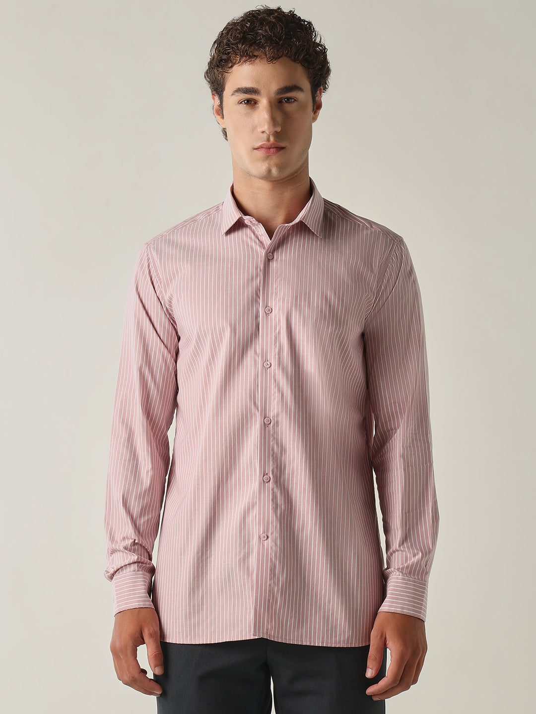 Men's Pure Cotton Stripes Slim Fit Full Sleeve Formal Shirt - Pink