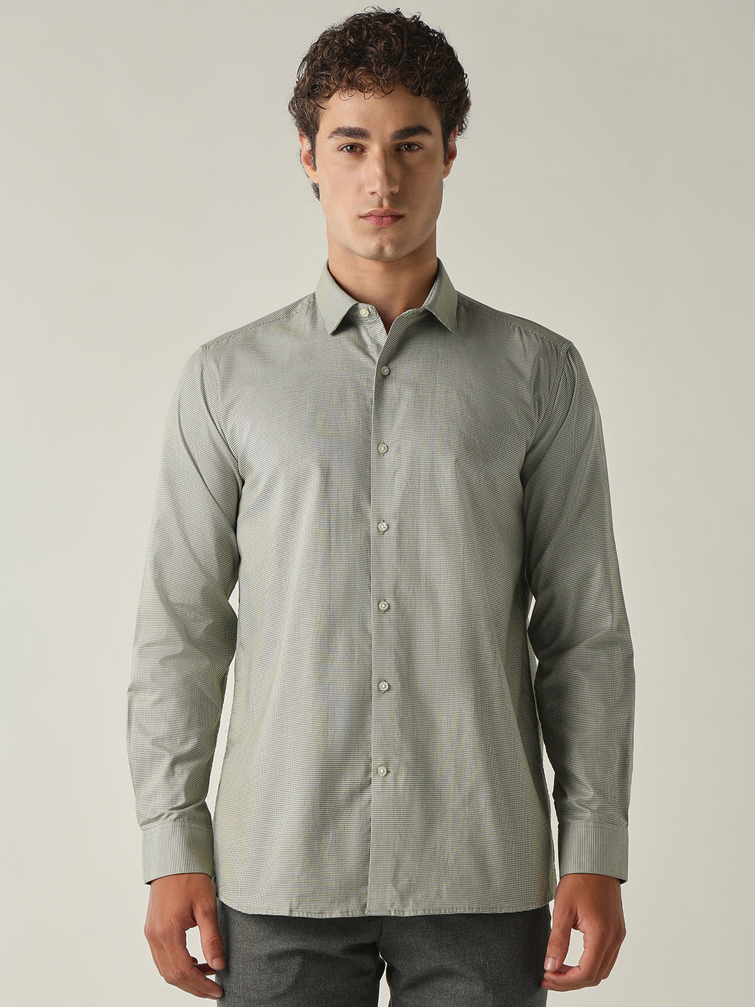 Men's Pure Cotton Houndstooth Checks Slim Fit Full Sleeve Formal Shirt - Olive