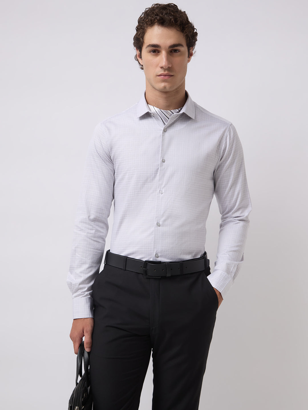 Men's Pure Cotton Checks Slim Fit Full Sleeve Formal Shirt - Light Grey