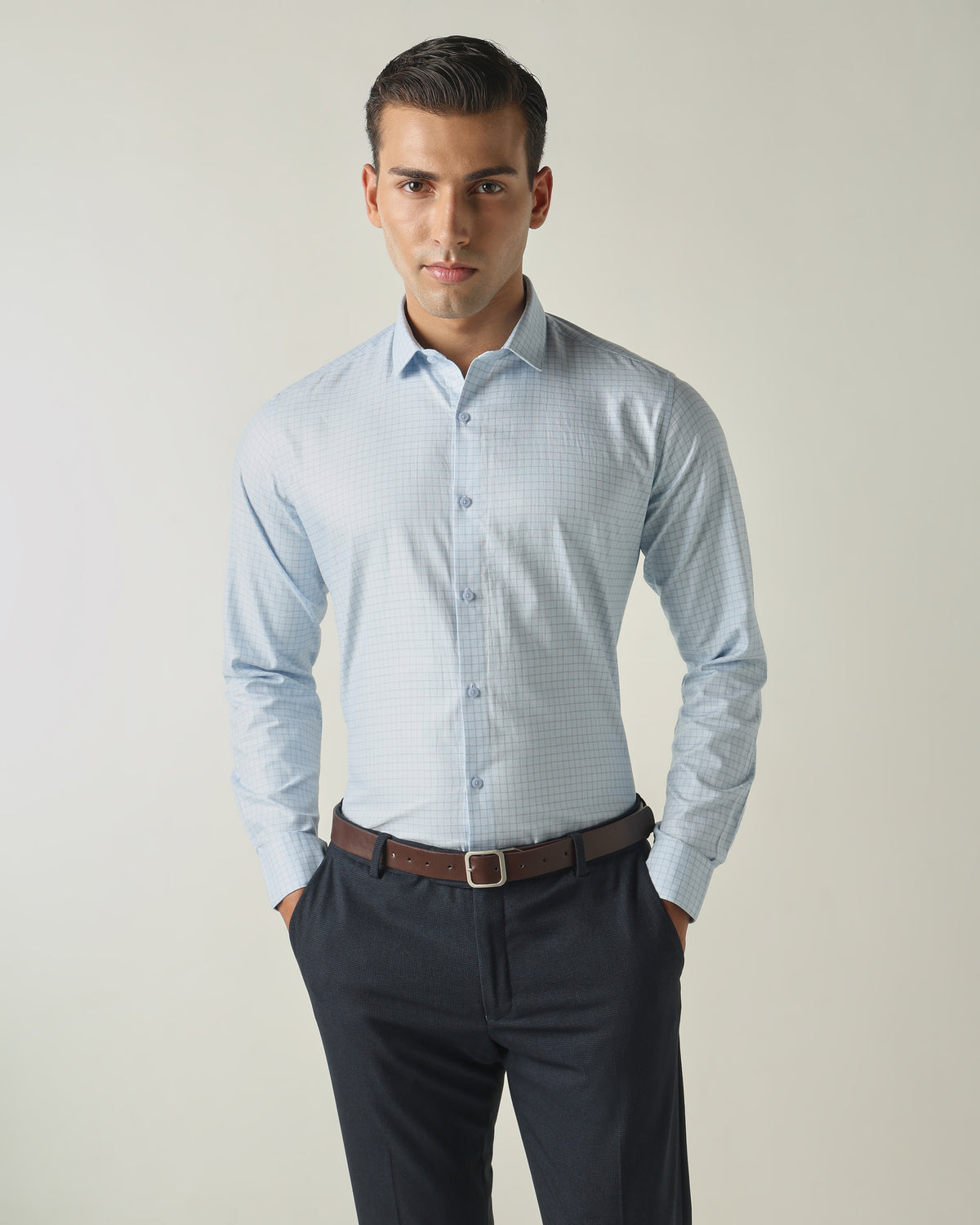 Men's Pure Cotton Checks Slim Fit Full Sleeve Formal Shirt - Blue