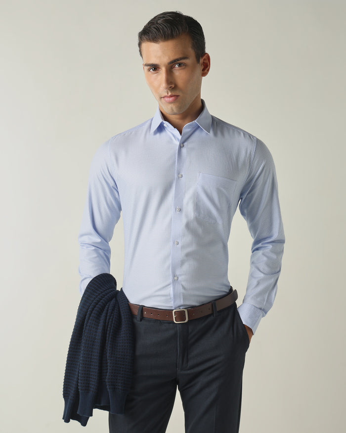 Men's Pure Cotton Dobby Solid Slim Fit Full Sleeve Formal Shirt - Blue