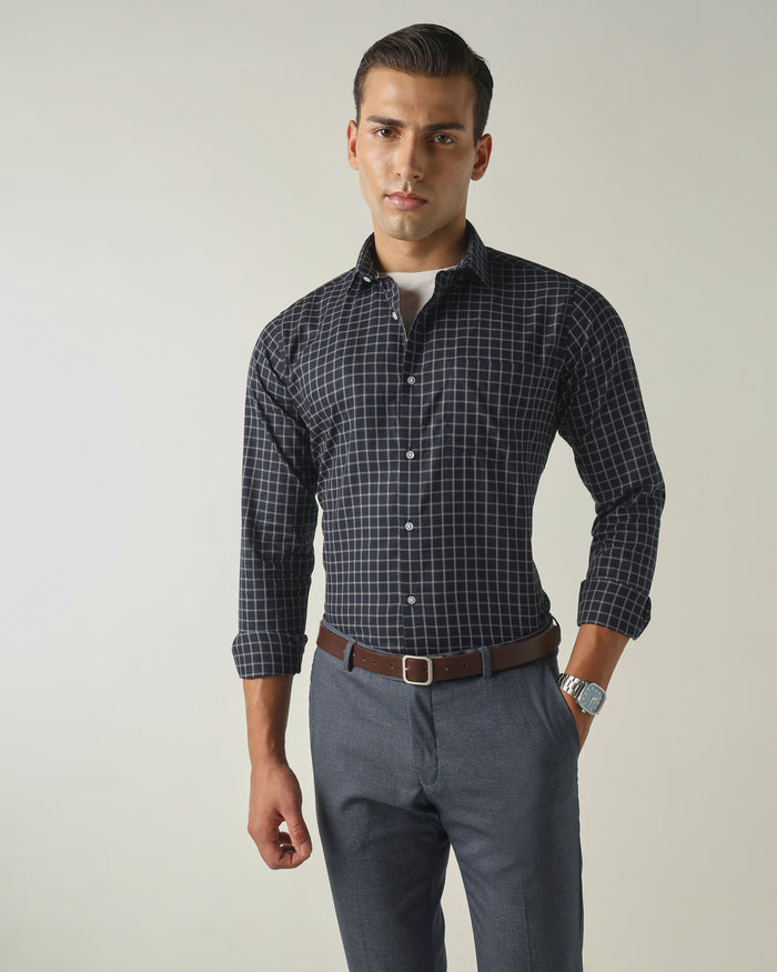 Men's Pure Cotton Checks Slim Fit Full Sleeve Formal Shirt - Blue
