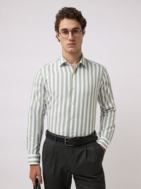 Men's Pure Cotton Dobby Stripes Slim Fit Full Sleeve Formal Shirt - Green