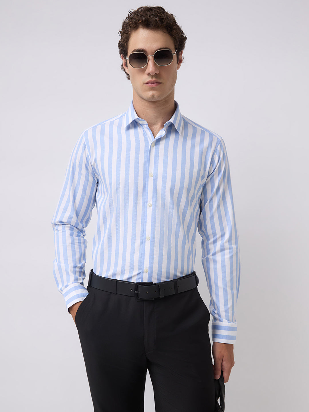 Men's Pure Cotton Dobby Stripes Slim Fit Full Sleeve Formal Shirt - Sky Blue