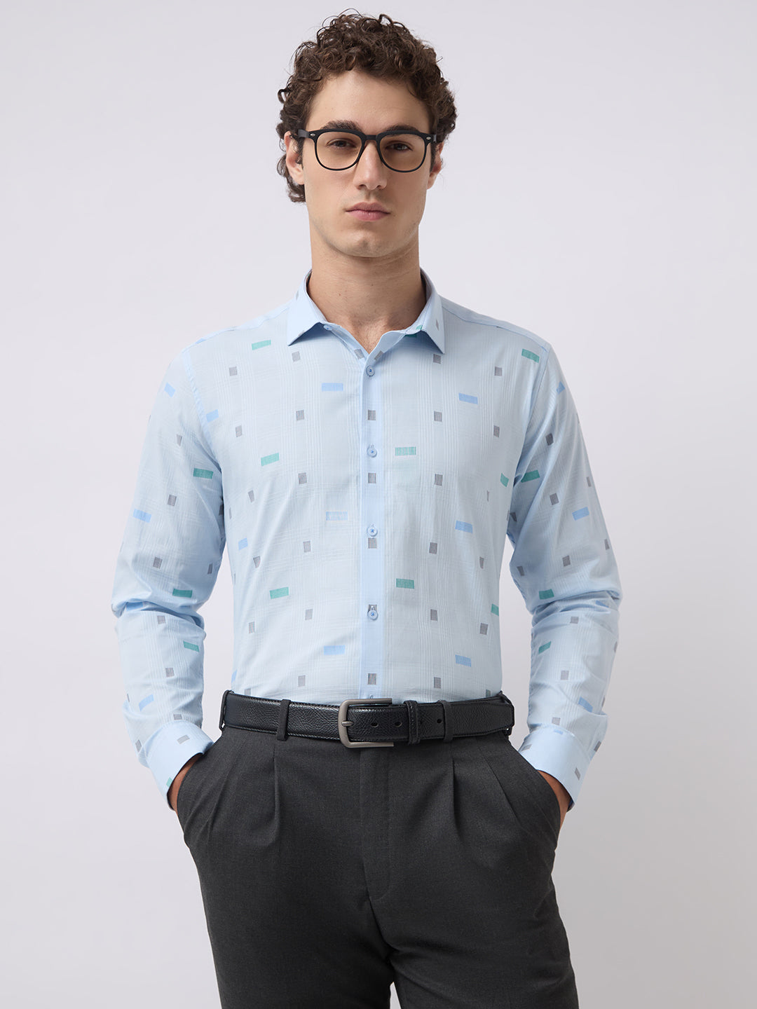 Men's Pure Cotton Dobby Solid Slim Fit Full Sleeve Formal Shirt - Sky Blue