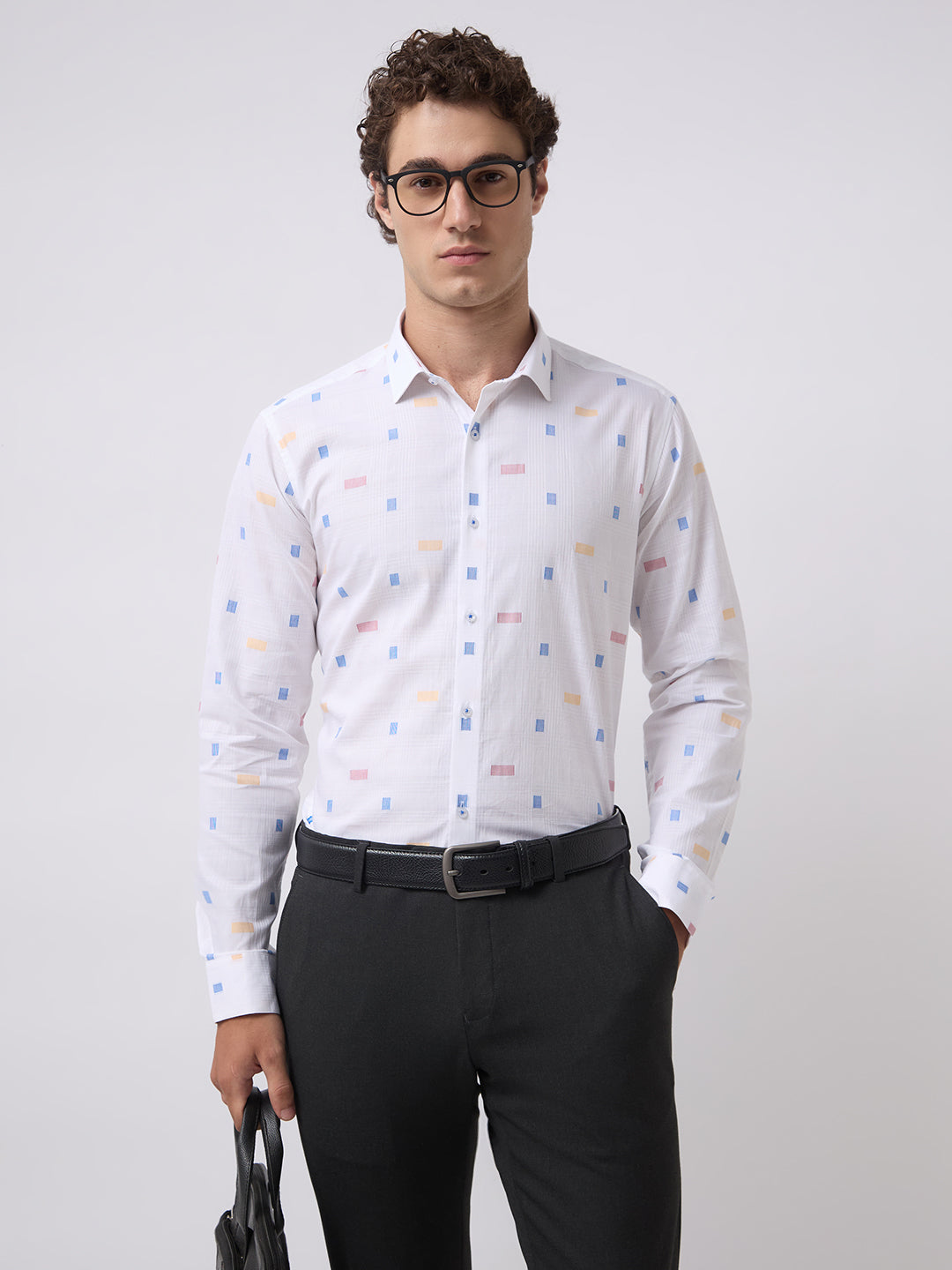 Men's Pure Cotton Dobby Solid Slim Fit Full Sleeve Formal Shirt - White