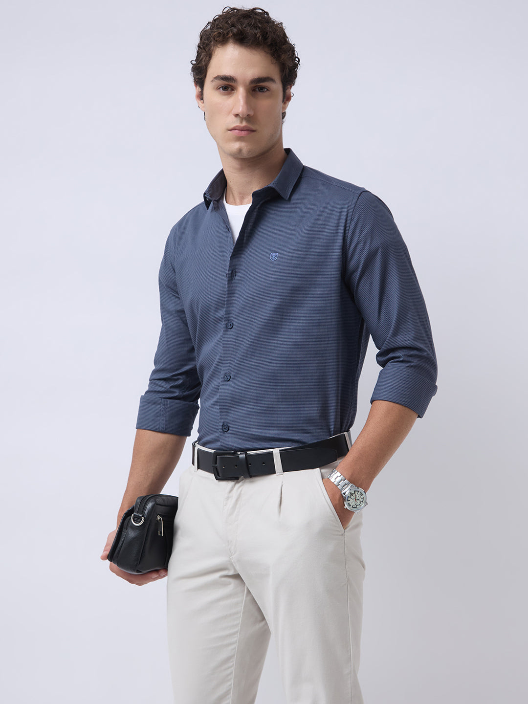 Men's Pure Cotton Dobby Solid Slim Fit Full Sleeve Casual Shirt - Navy