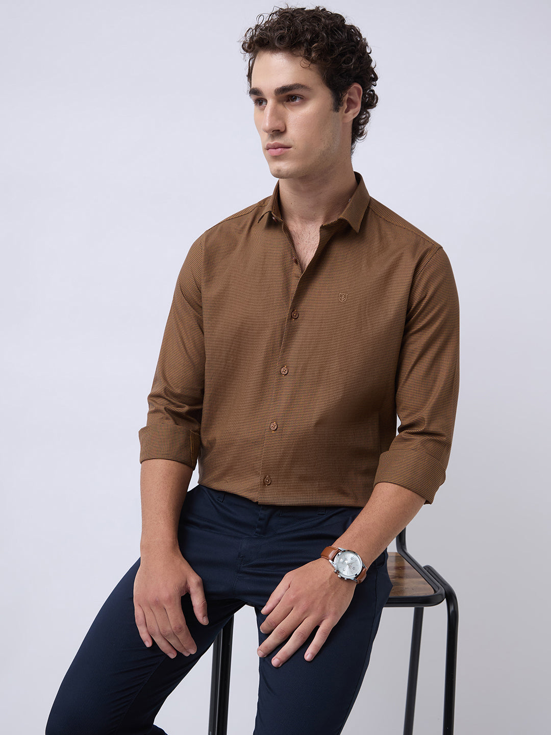 Men's Pure Cotton Dobby Solid Slim Fit Full Sleeve Casual Shirt - Orange