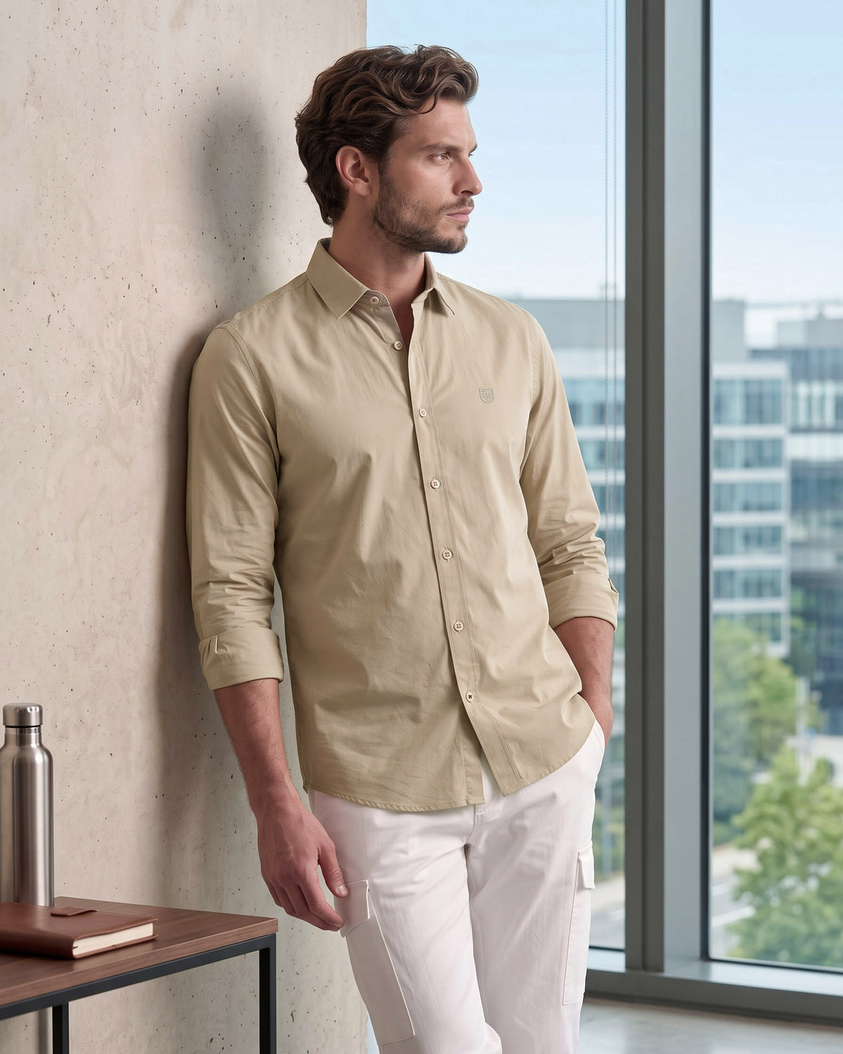 Men's Pure Cotton Solid Slim Fit Full Sleeve Casual Shirt - Khaki