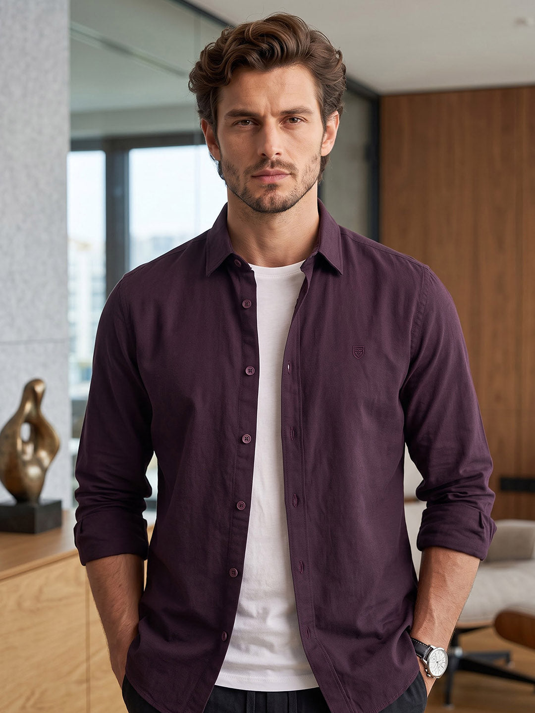 Men's Pure Cotton Solid Slim Fit Full Sleeve Casual Shirt - Maroon