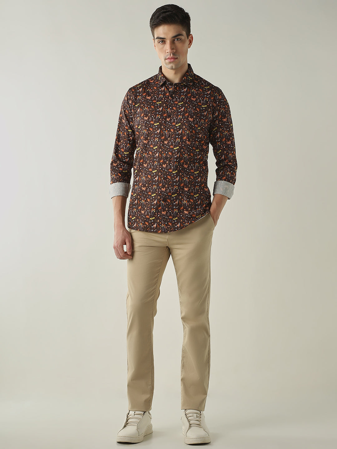 Men's Pure Cotton Printed Slim Fit Full Sleeve Casual Shirt - Brown
