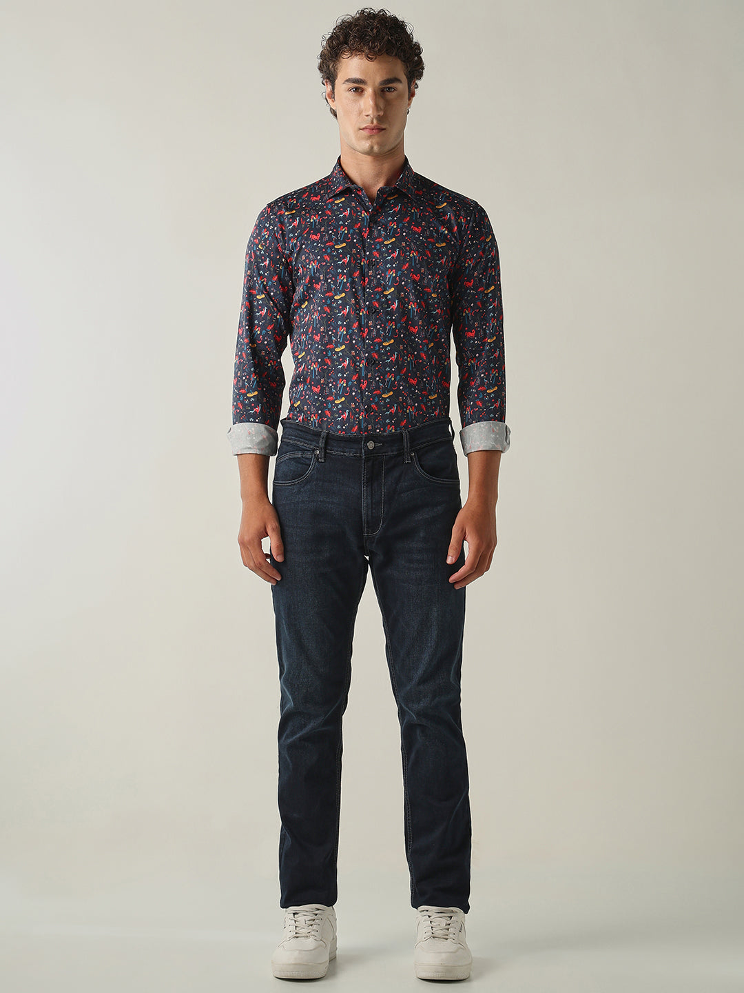 Men's Pure Cotton Printed Slim Fit Full Sleeve Casual Shirt - Navy