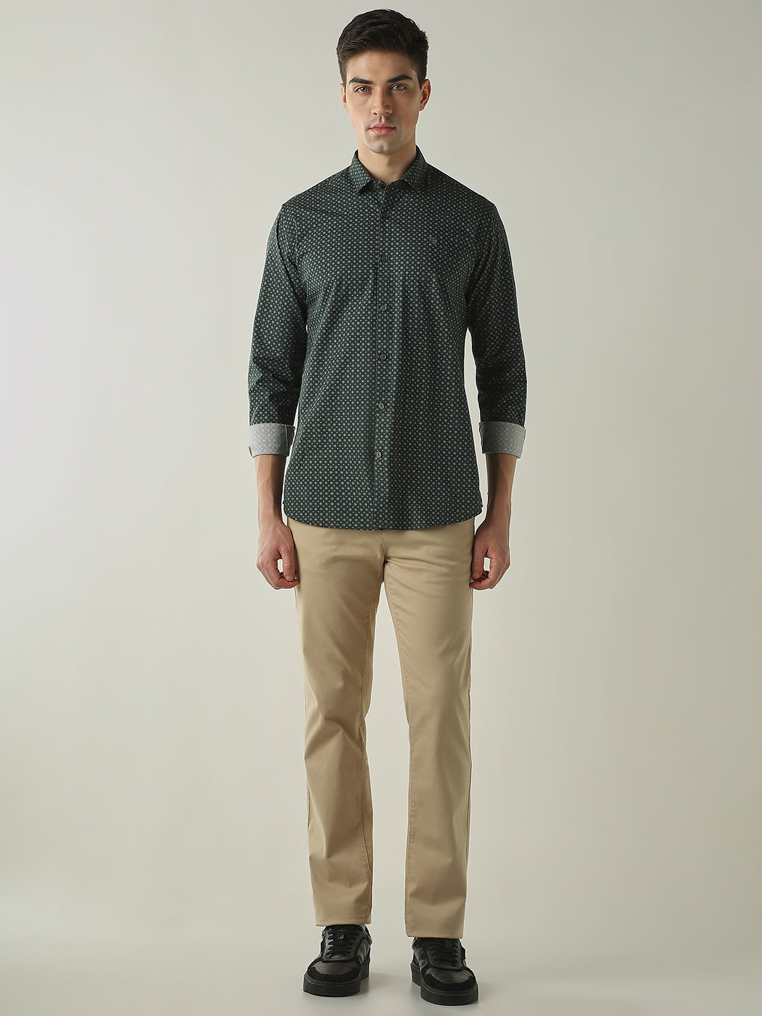 Men's Pure Cotton Printed Slim Fit Full Sleeve Casual Shirt - Green