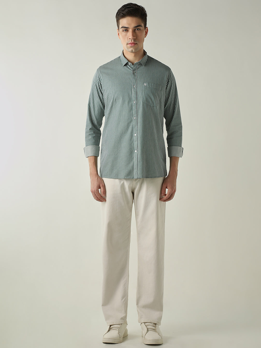 Men's Pure Cotton Stripes Regular Fit Full Sleeve Casual Shirt - Green