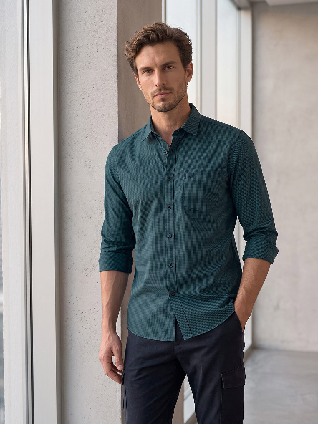 Men's Pure Cotton Checks Regular Fit Full Sleeve Casual Shirt - Blue