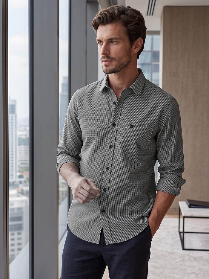 Men's Pure Cotton Checks Regular Fit Full Sleeve Casual Shirt - Grey