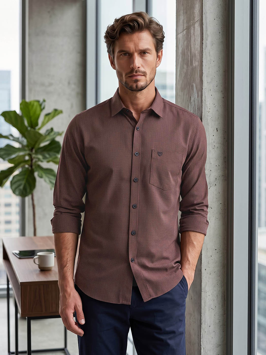 Men's Pure Cotton Checks Regular Fit Full Sleeve Casual Shirt - Wine