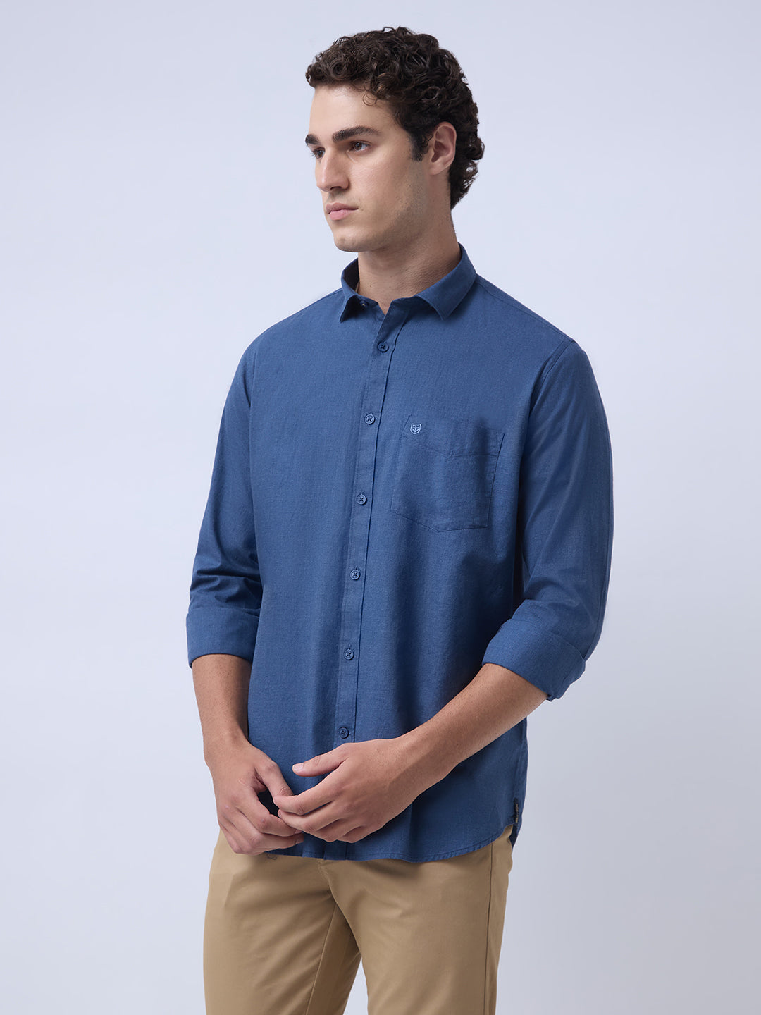 Men's Pure Cotton Melange Solid Regular Fit Full Sleeve Casual Shirt - Blue