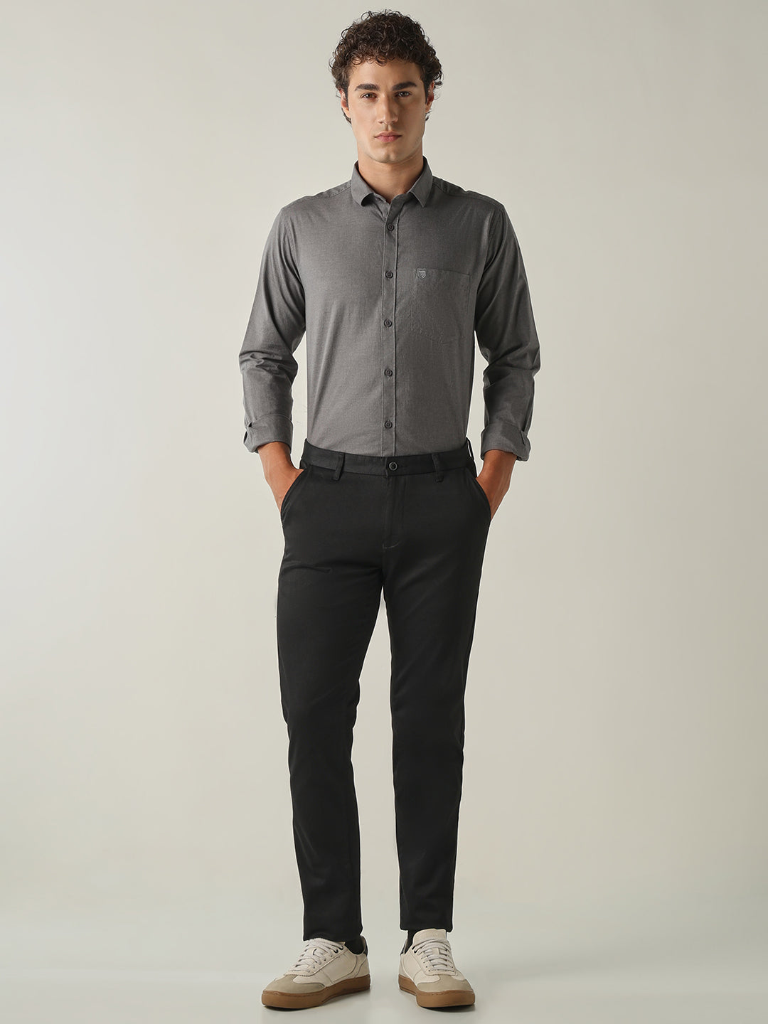 Men's Pure Cotton Melange Solid Regular Fit Full Sleeve Casual Shirt - Grey