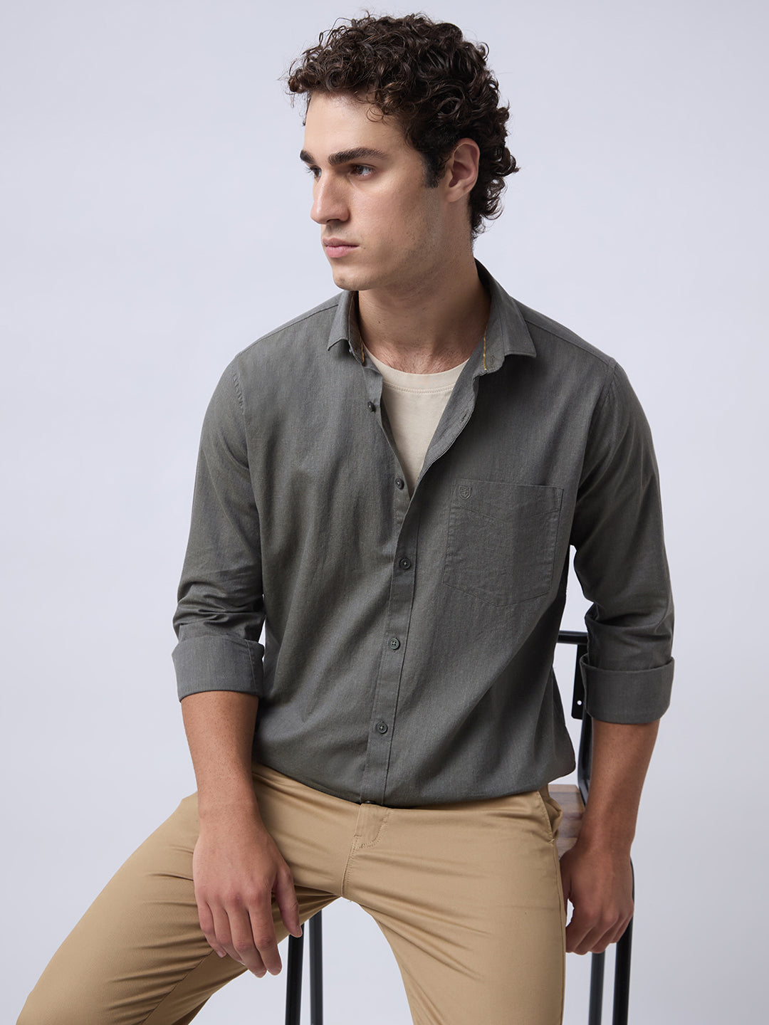Men's Pure Cotton Melange Solid Regular Fit Full Sleeve Casual Shirt - Olive