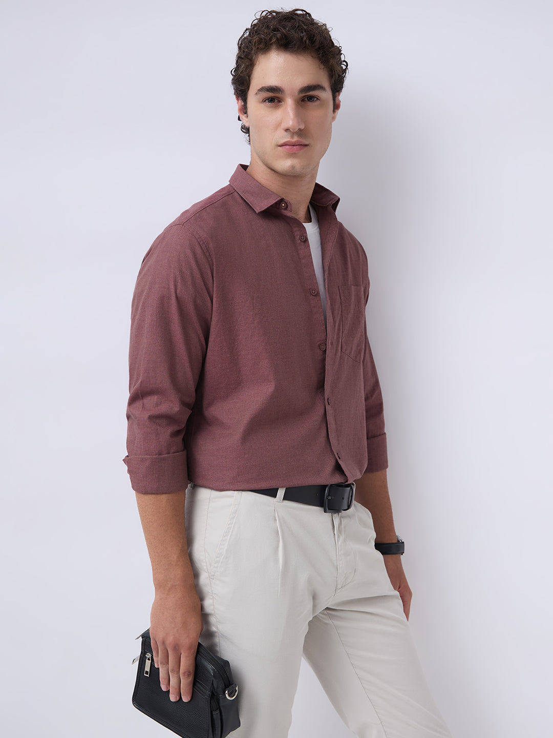 Men's Pure Cotton Melange Solid Regular Fit Full Sleeve Casual Shirt - Rust