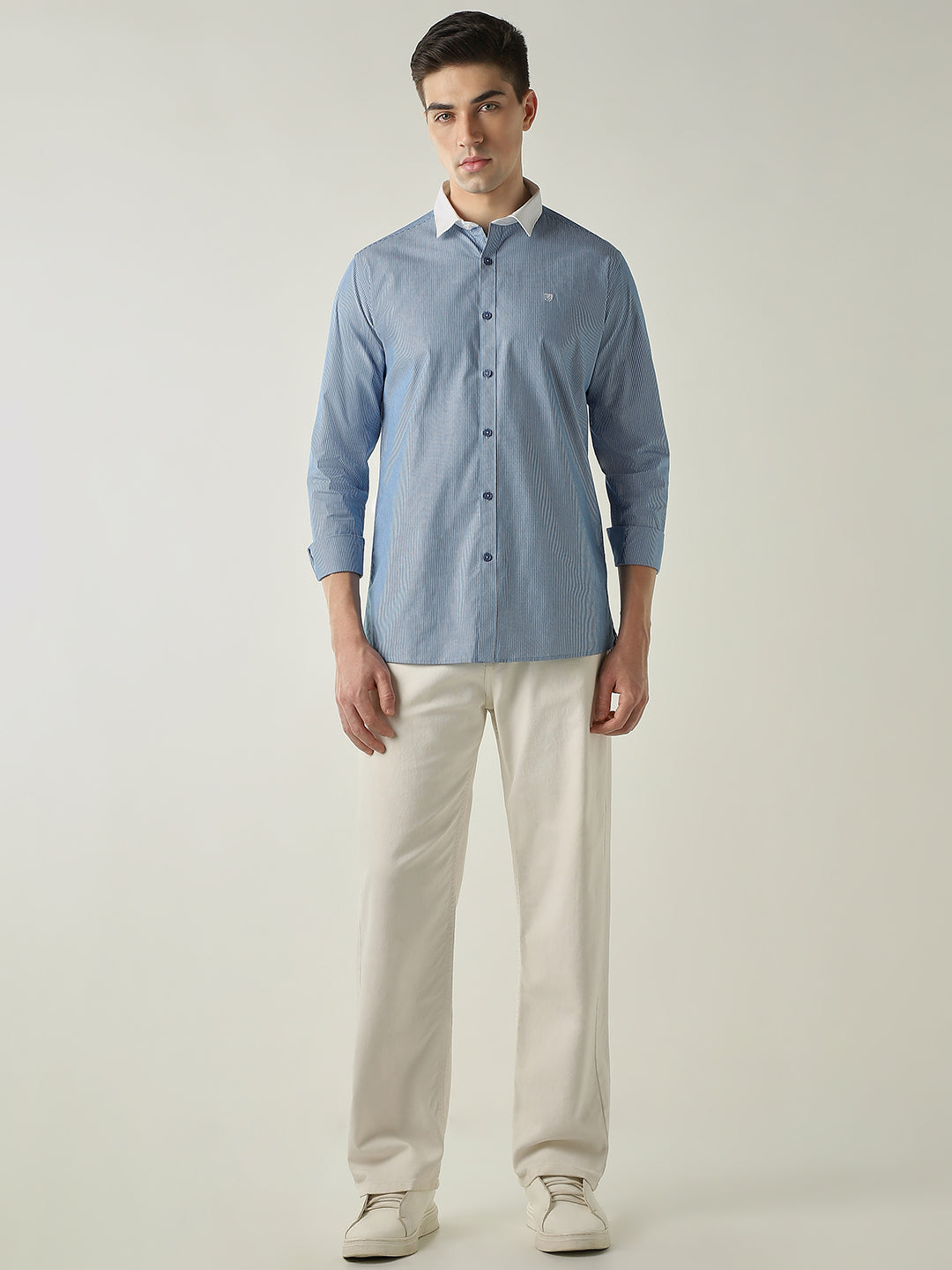 Men's Pure Cotton Stripes Slim Fit Full Sleeve Casual Shirt - Blue