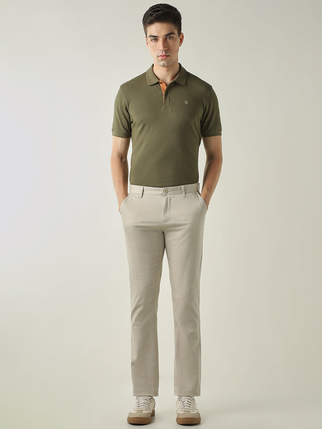 Men's Solid Cotton Lycra Solid Regular Fit Casual Trousers - Beige