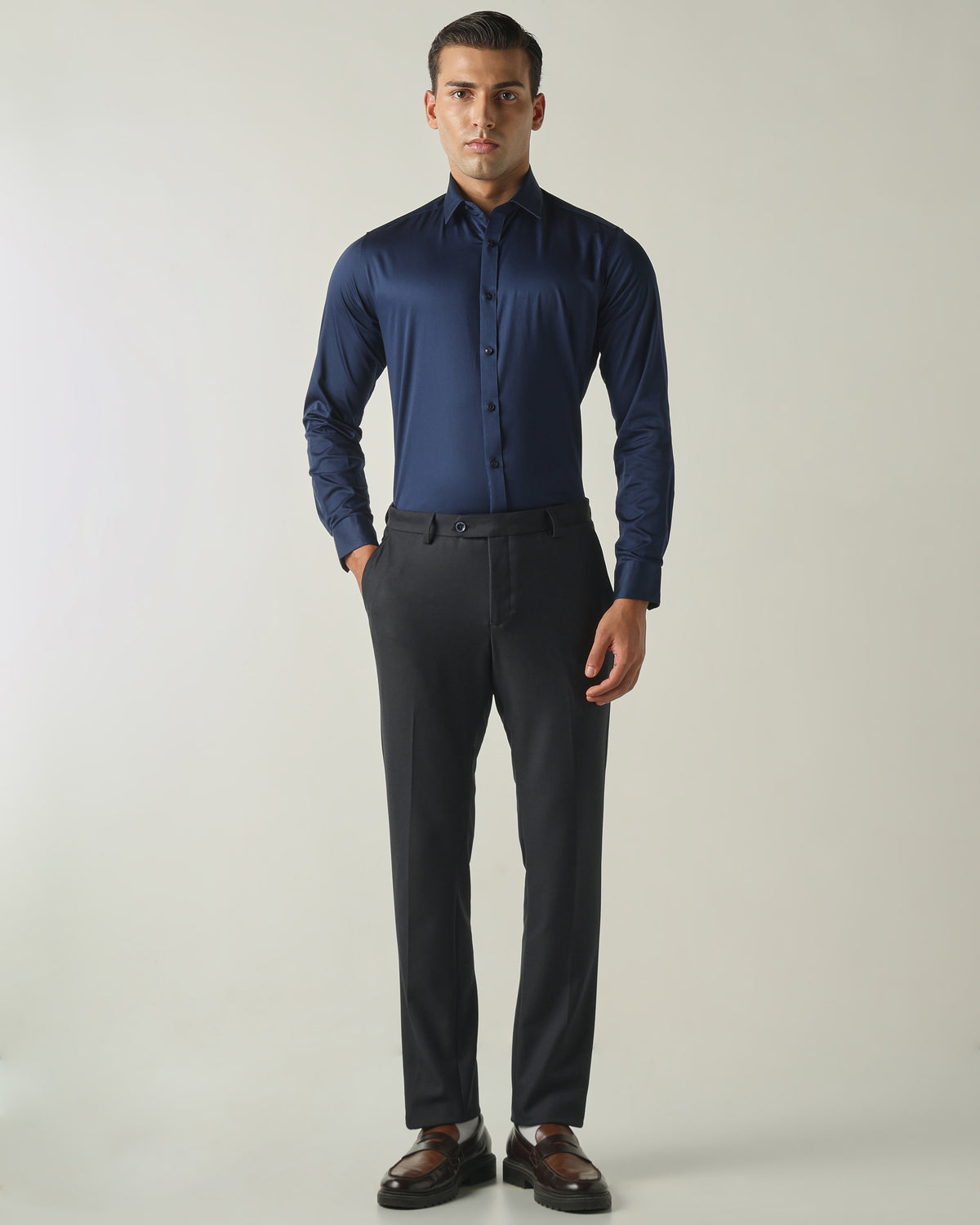 Men's Solid Poly Viscose Elastane Regular Fit Formal Trousers - Dark Grey