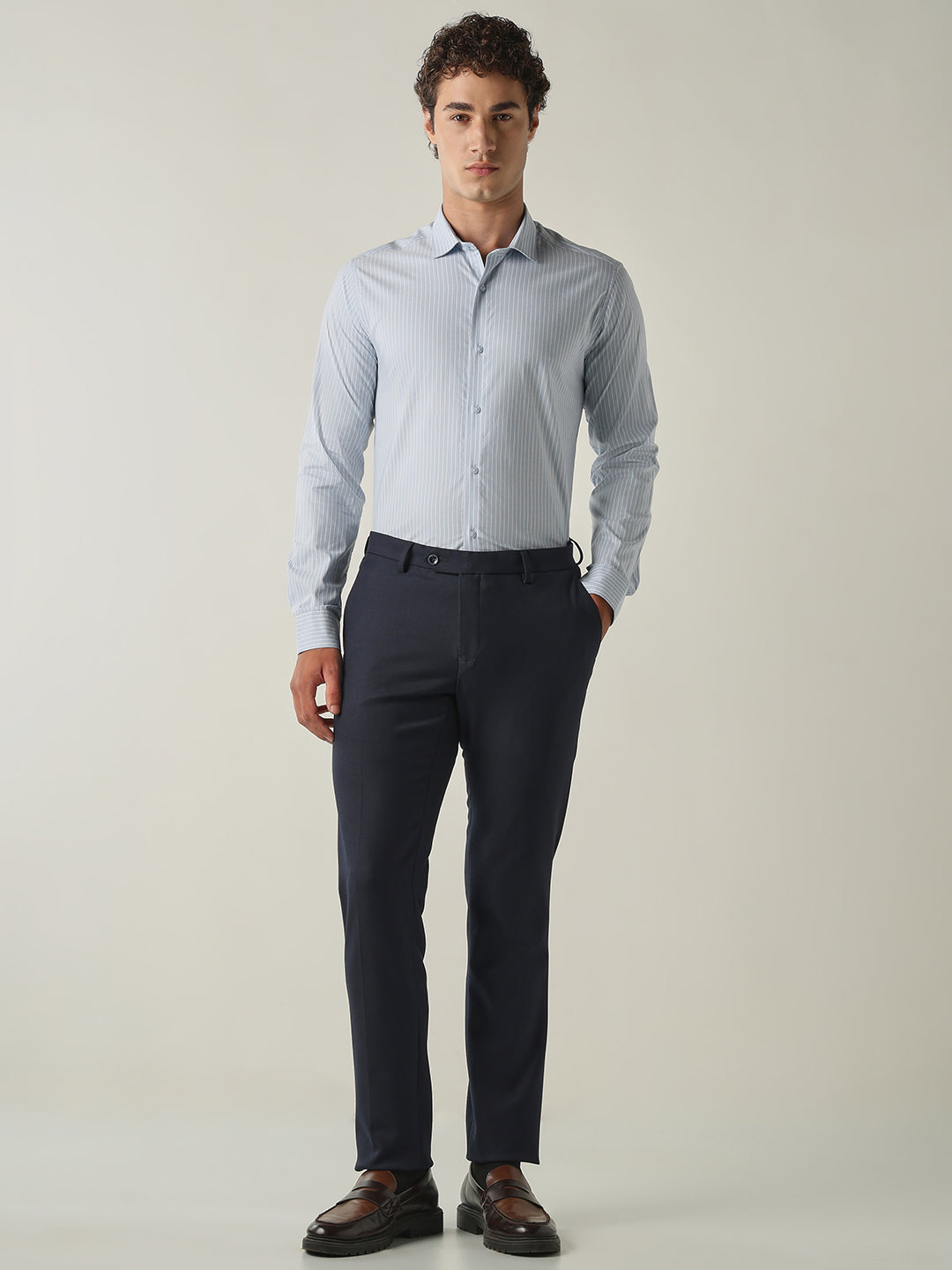 Men's Solid Poly Viscose Elastane Regular Fit Formal Trousers - Navy