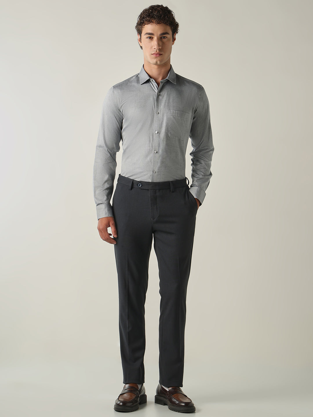 Men's Solid Poly Viscose Elastane Regular Fit Formal Trousers - Navy