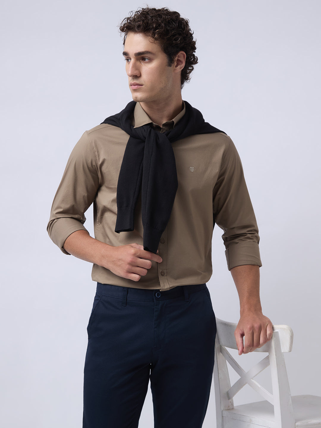 Men's Cotton Stretch Solid Slim Fit Full Sleeve Casual Shirt - Khaki