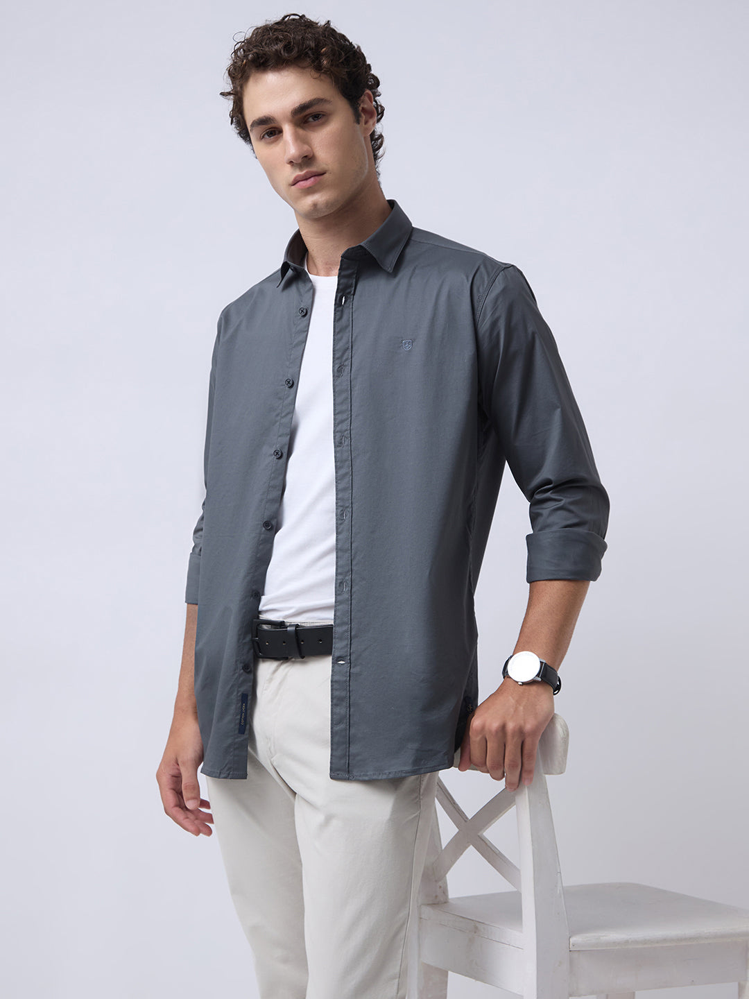 Men's Cotton Stretch Solid Slim Fit Full Sleeve Casual Shirt - Steel Grey