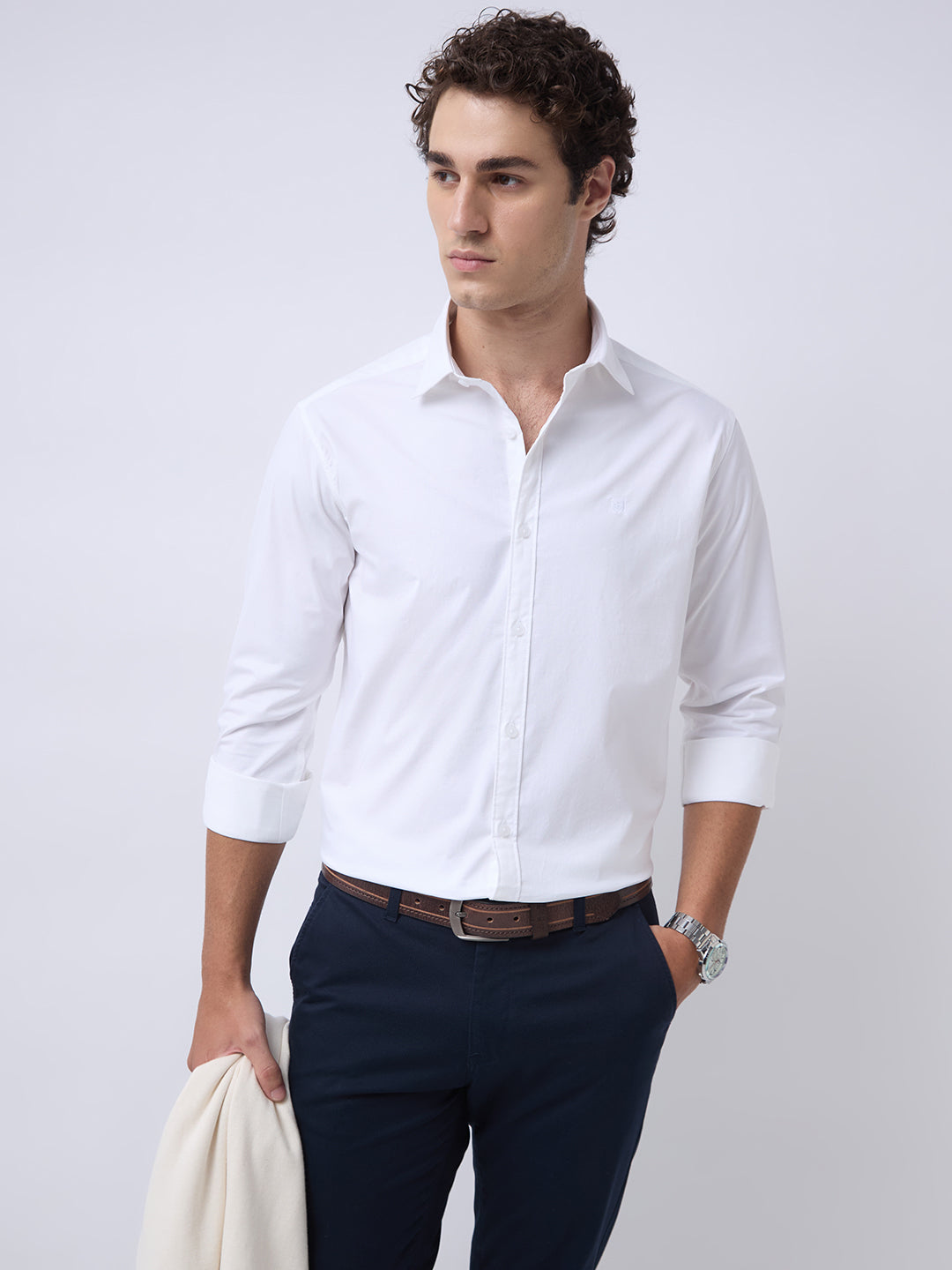 Men's Cotton Stretch Solid Slim Fit Full Sleeve Casual Shirt - White