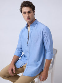 Men's Pure Cotton Oxford Solid Slim Fit Full Sleeve Casual Shirt - Blue