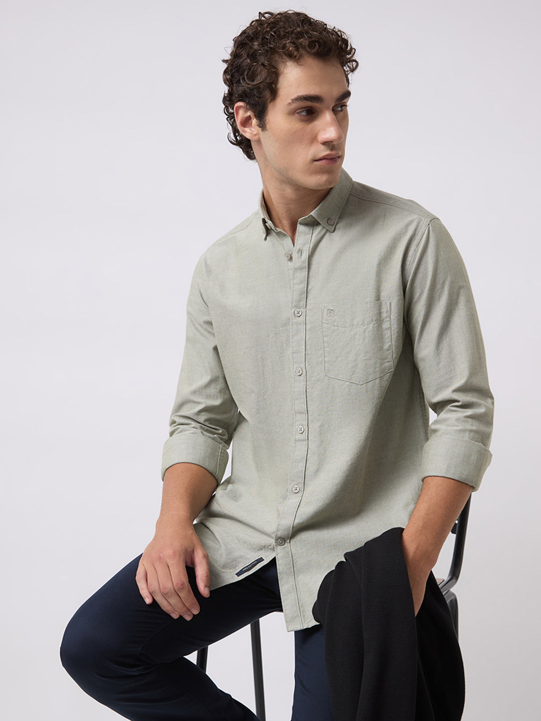Men's Pure Cotton Oxford Solid Slim Fit Full Sleeve Casual Shirt - Green
