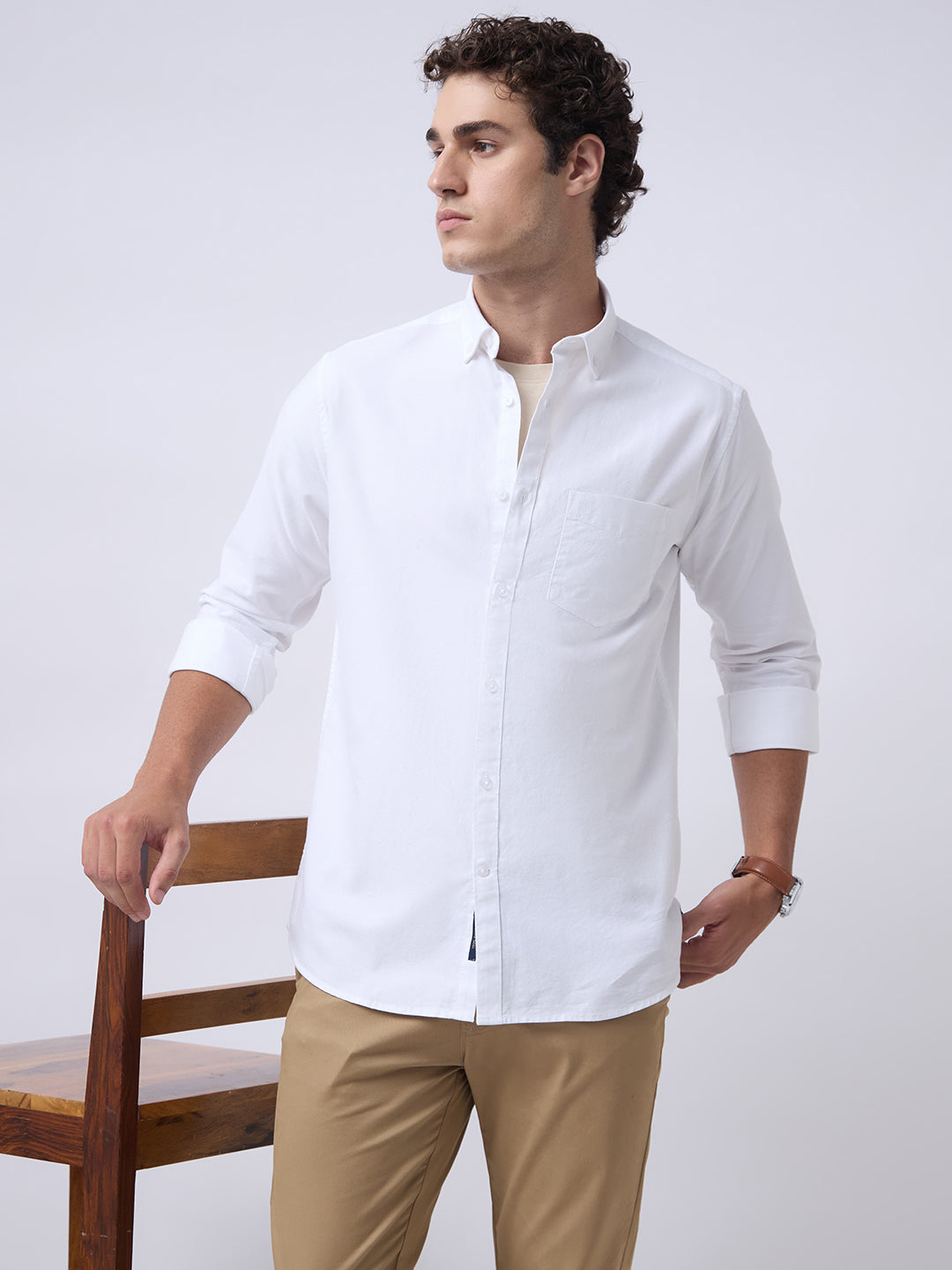 Men's Pure Cotton Oxford Solid Slim Fit Full Sleeve Casual Shirt - White