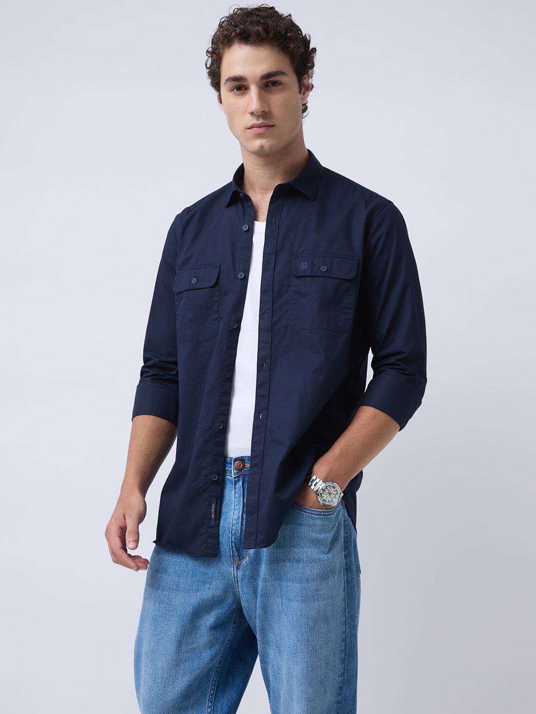 Men's Pure Cotton Solid Regular Fit Full Sleeve Casual Shirt - Navy