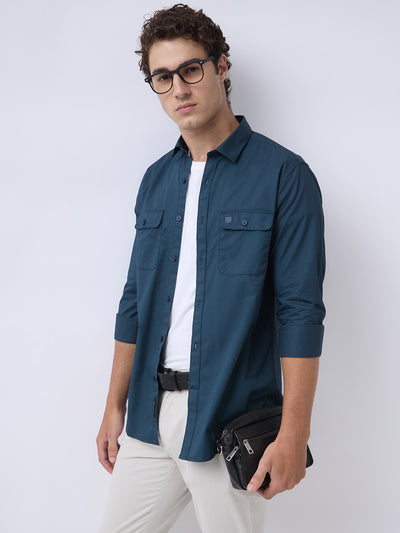 Men's Pure Cotton Solid Regular Fit Full Sleeve Casual Shirt - Teal