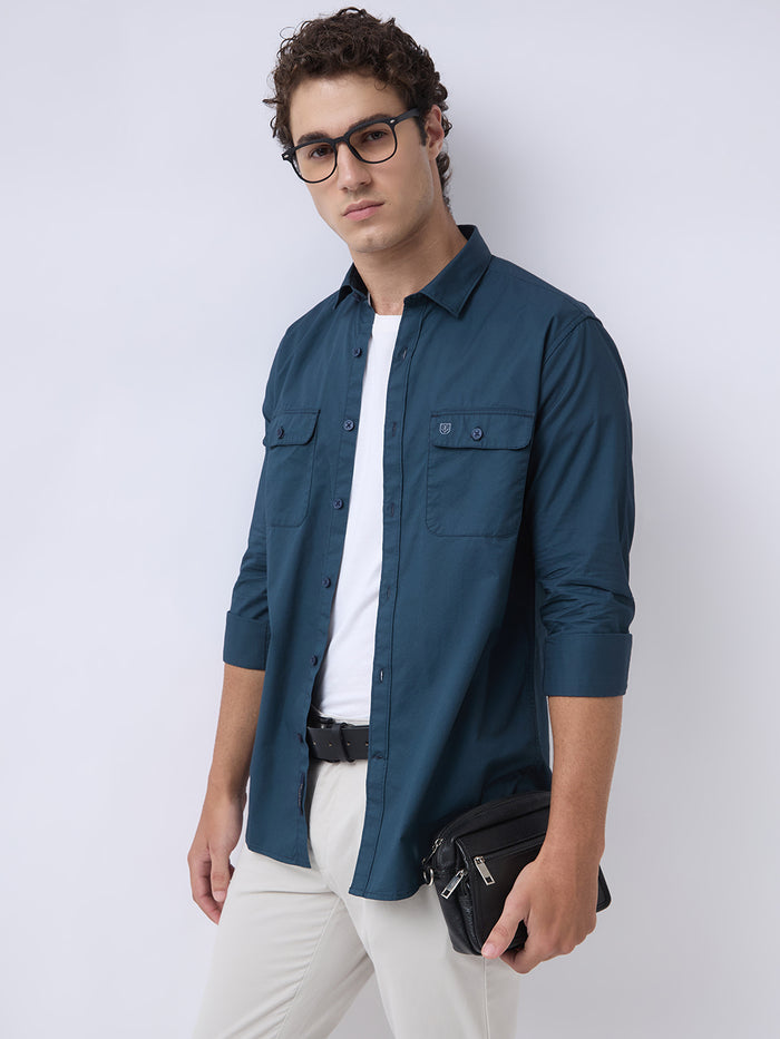 Men's Pure Cotton Solid Regular Fit Full Sleeve Casual Shirt - Teal