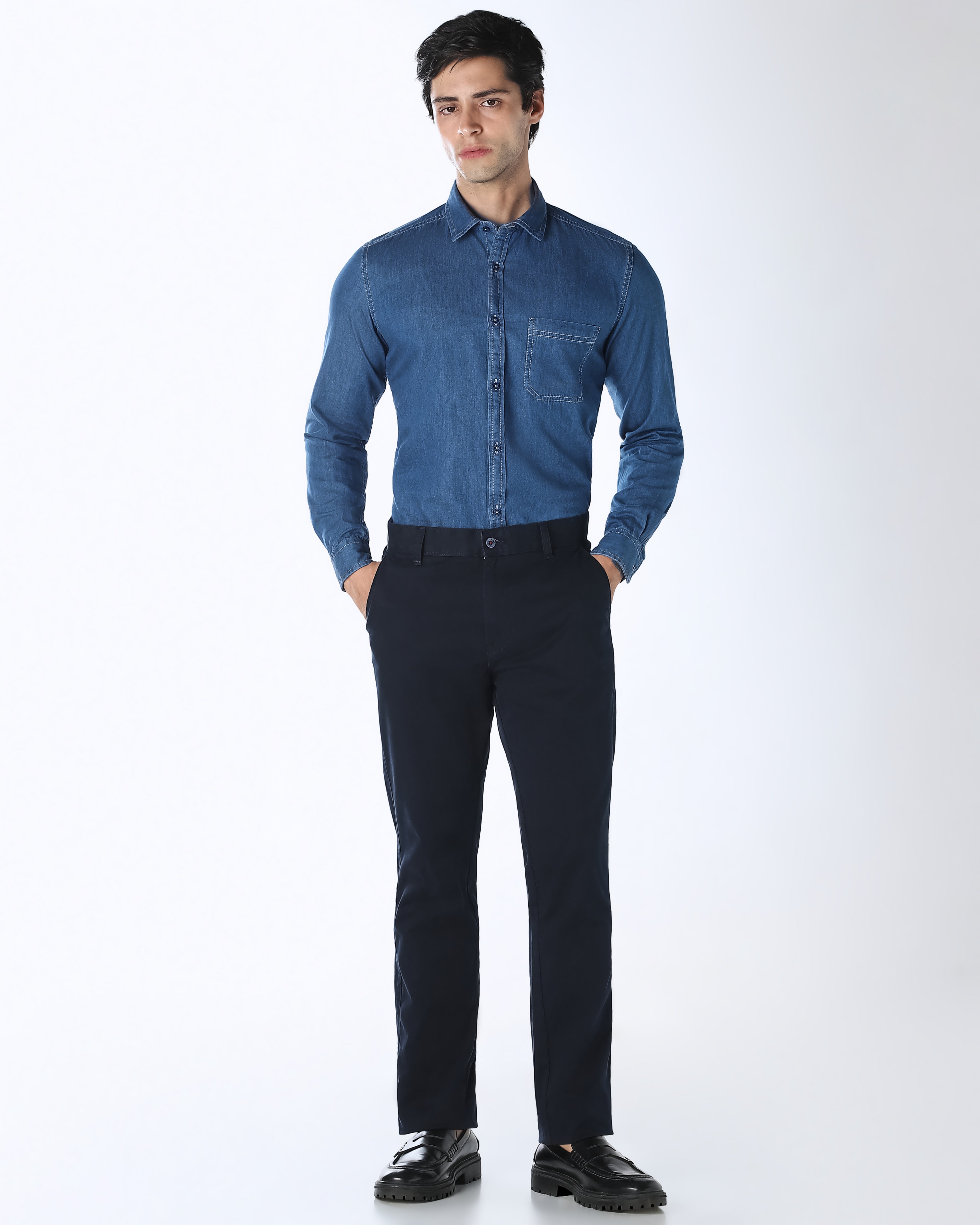Dark Blue Denim 100% Cotton Slim Fit Casual Full Sleeve Shirt